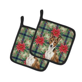 Brindle and White Basenji Christmas PoinsettIas Pair of Pot Holders Pair 7.5x7.5 Quilted Insulated Hot Pads Decorative Kitchen Gift Made in USA