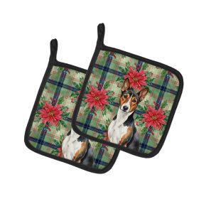 Tricolor and White Basenji Christmas PoinsettIas Pair of Pot Holders Pair 7.5x7.5 Quilted Insulated Hot Pads Decorative Kitchen Gift Made in USA