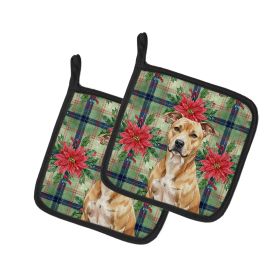 Fawn American Staffordshire Terrier Christmas PoinsettIas Pair of Pot Holders Pair 7.5x7.5 Quilted Insulated Hot Pads Decorative Kitchen Gift Mad