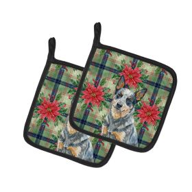 Blue Heeler Australian Cattle Dog Christmas PoinsettIas Pair of Pot Holders Pair 7.5x7.5 Quilted Insulated Hot Pads Decorative Kitchen Gift Made