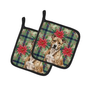 Brindle American Staffordshire Terrier Christmas PoinsettIas Pair of Pot Holders Pair 7.5x7.5 Quilted Insulated Hot Pads Decorative Kitchen Gift