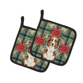 Red Merle Australian Shepherd Christmas PoinsettIas Pair of Pot Holders Pair 7.5x7.5 Quilted Insulated Hot Pads Decorative Kitchen Gift Made in U