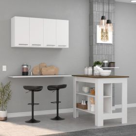 Caledon 2 Piece Kitchen Set, Kitchen Island + Upper Wall Cabinet , White /Walnut - White /Walnut