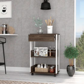 Kitchen Cart Coron with Drawer, Three-Tier Shelves and Casters, White / Dark Walnut Finish - White / Dark Walnut