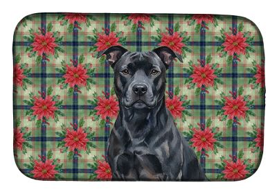 Black American Staffordshire Terrier Christmas PoinsettIas Dish Drying Mat Absorbent Dish Drying Mat Pad for Kitchen Counter Dish Drainer Mat for