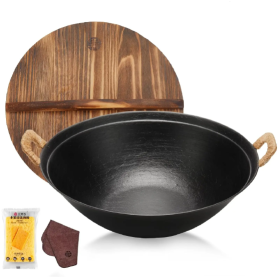 WANGYUANJI 14.2 Handmade Wok, Cast Iron Wok Pan, Large Flat Bottom Wok Stir With Dual Handle And Wooden Lid, Suitable For All Cooktops, Uncoated (Color: black)