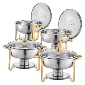 5 Qt 4 Pack Round Chafing Dish Buffet Set Full-Size Pan Stainless Steel Gold (Style: Golden-Glass lid, Set: 4 Pcs)